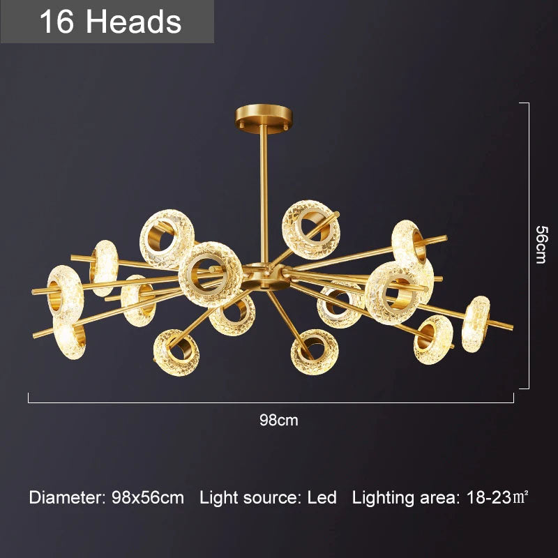 Modern LED chandelier with gold finish. This chandelier features a series of metal rings with crystal shape glass, each embedded with LED lights that cast a radiant sparkle through the glass.