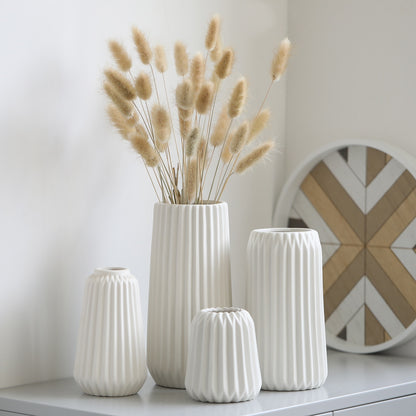 Ridge-Embossed White Ceramic Vases