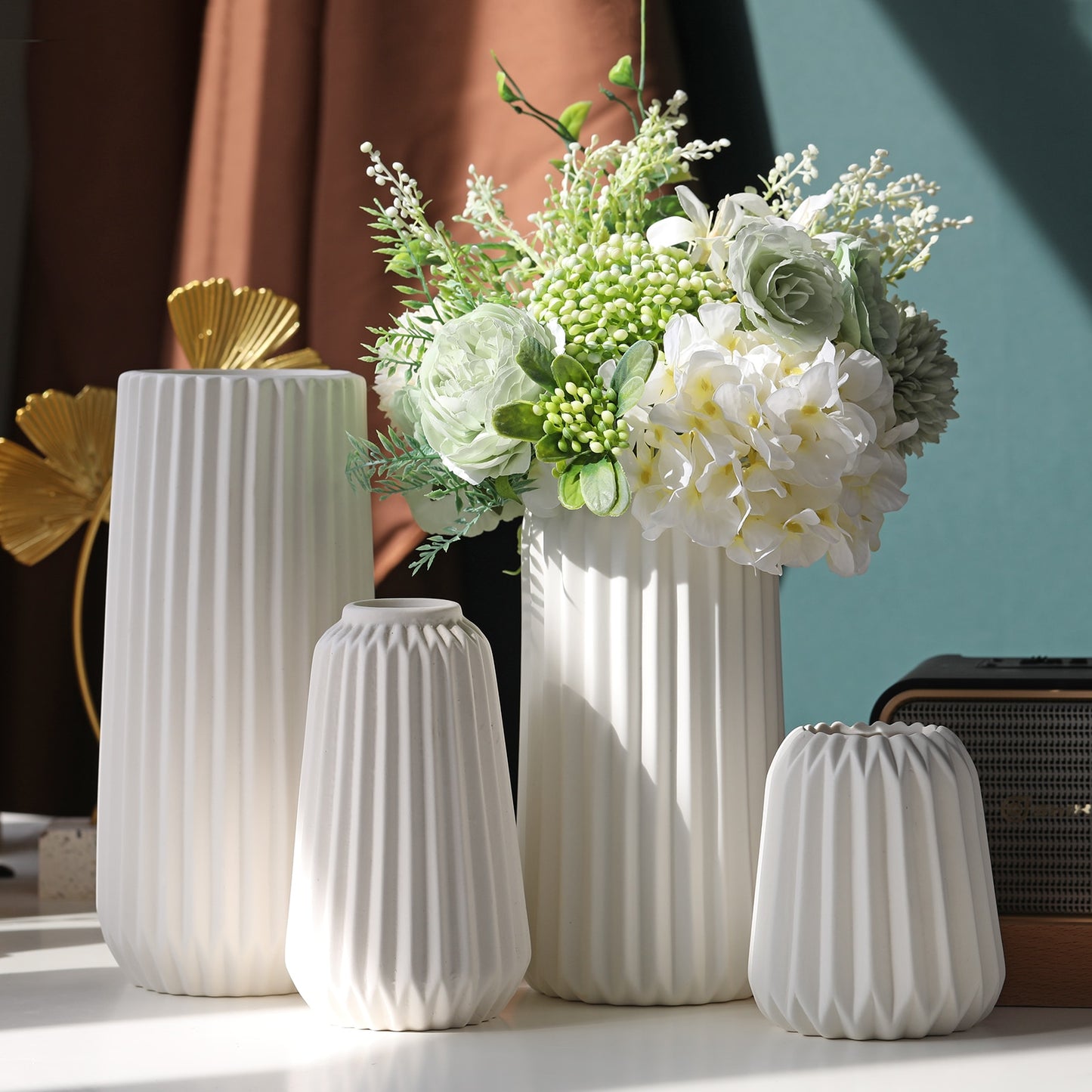 Ridge-Embossed White Ceramic Vases