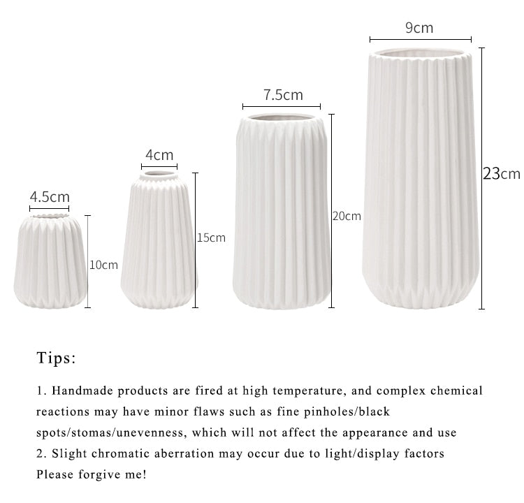 Ridge-Embossed White Ceramic Vases