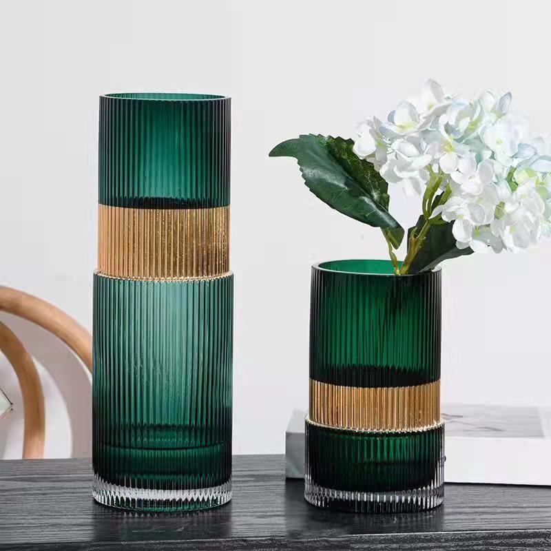 Elegant Glass Vases with Vertical Ridge and Gold Band