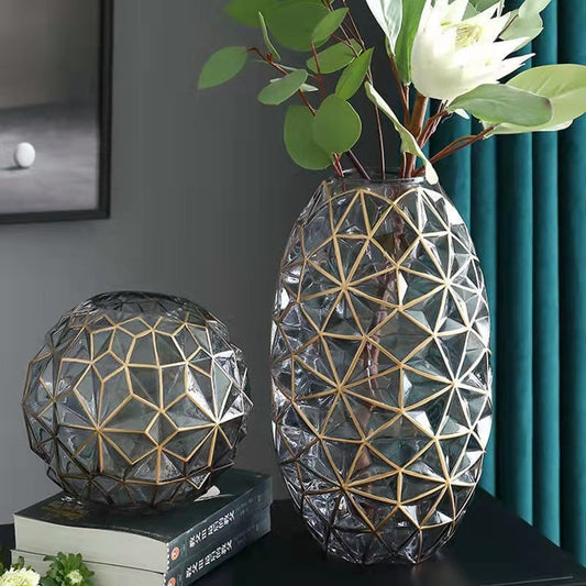 Luxurious Glass Vases with 3D Geometric Gold Accents: