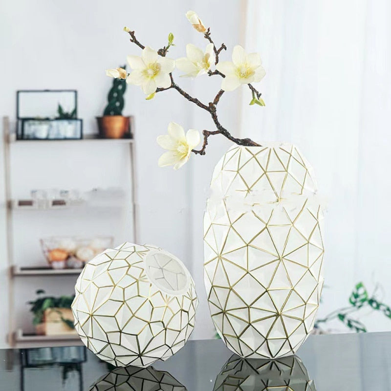 Luxurious Glass Vases with 3D Geometric Gold Accents: