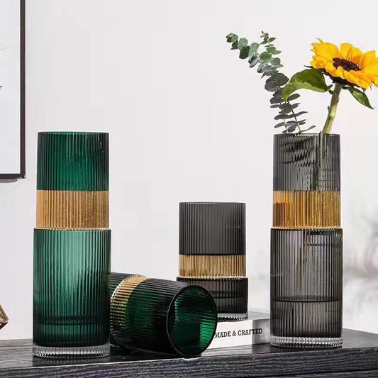 Elegant Glass Vases with Vertical Ridge and Gold Band