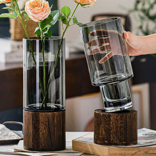 Sleek Glass Hurricane Vases with Wooden Base