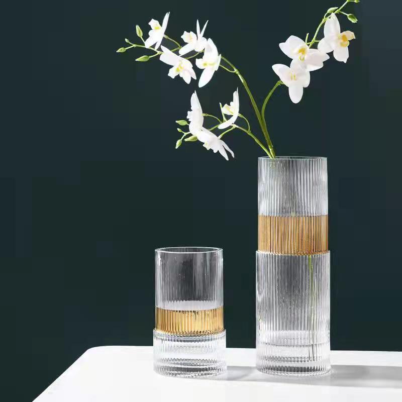 Elegant Glass Vases with Vertical Ridge and Gold Band