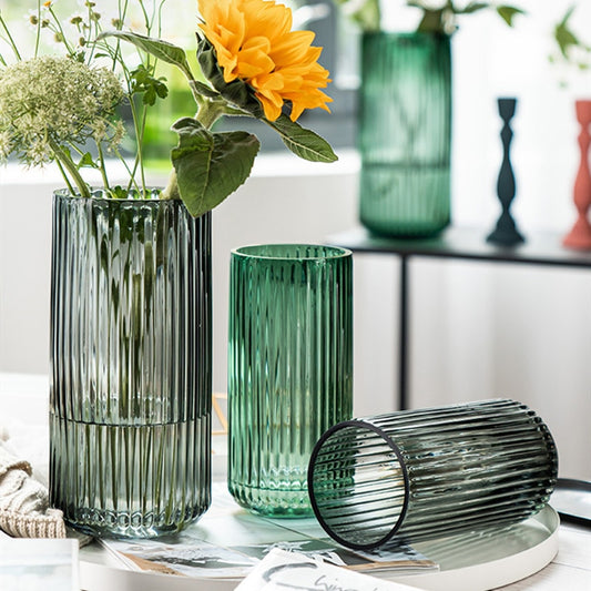 Ridged Cylinderical Glass Flower Vase